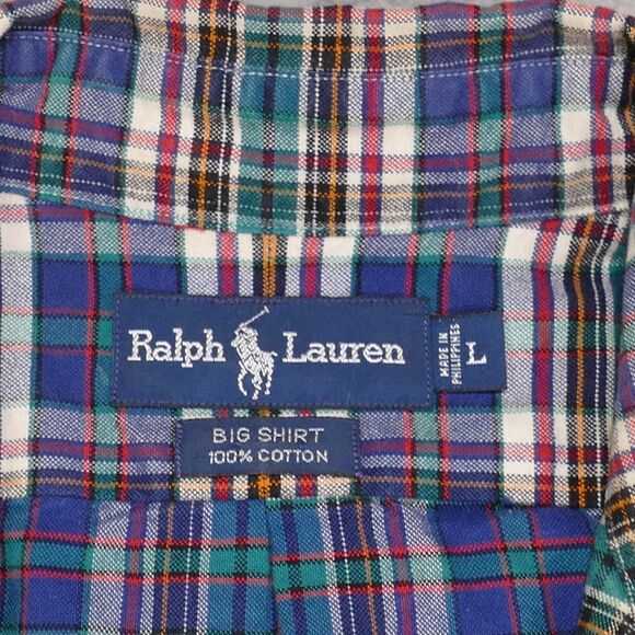 Polo Ralph Lauren Shirt Mens Large Blue Plaid Long Sleeve The Big Shirt Vintage - Picture 6 of 14
